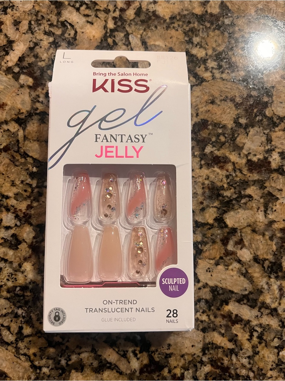 KISS Gel Fantasy Jelly Translucent Pink Nails with Gold Glitter Accents